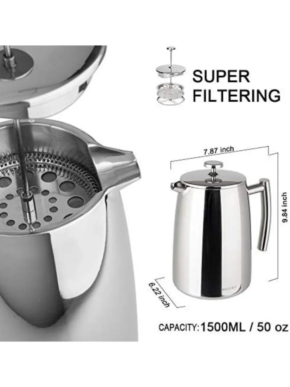 50-Ounce Stainless Steel French Press Coffee Maker - Insulated, Extra Screen